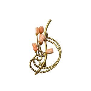 Vintage Floral Carved Coral Flowers Gold Tone Pin Brooch Small Pink Roses